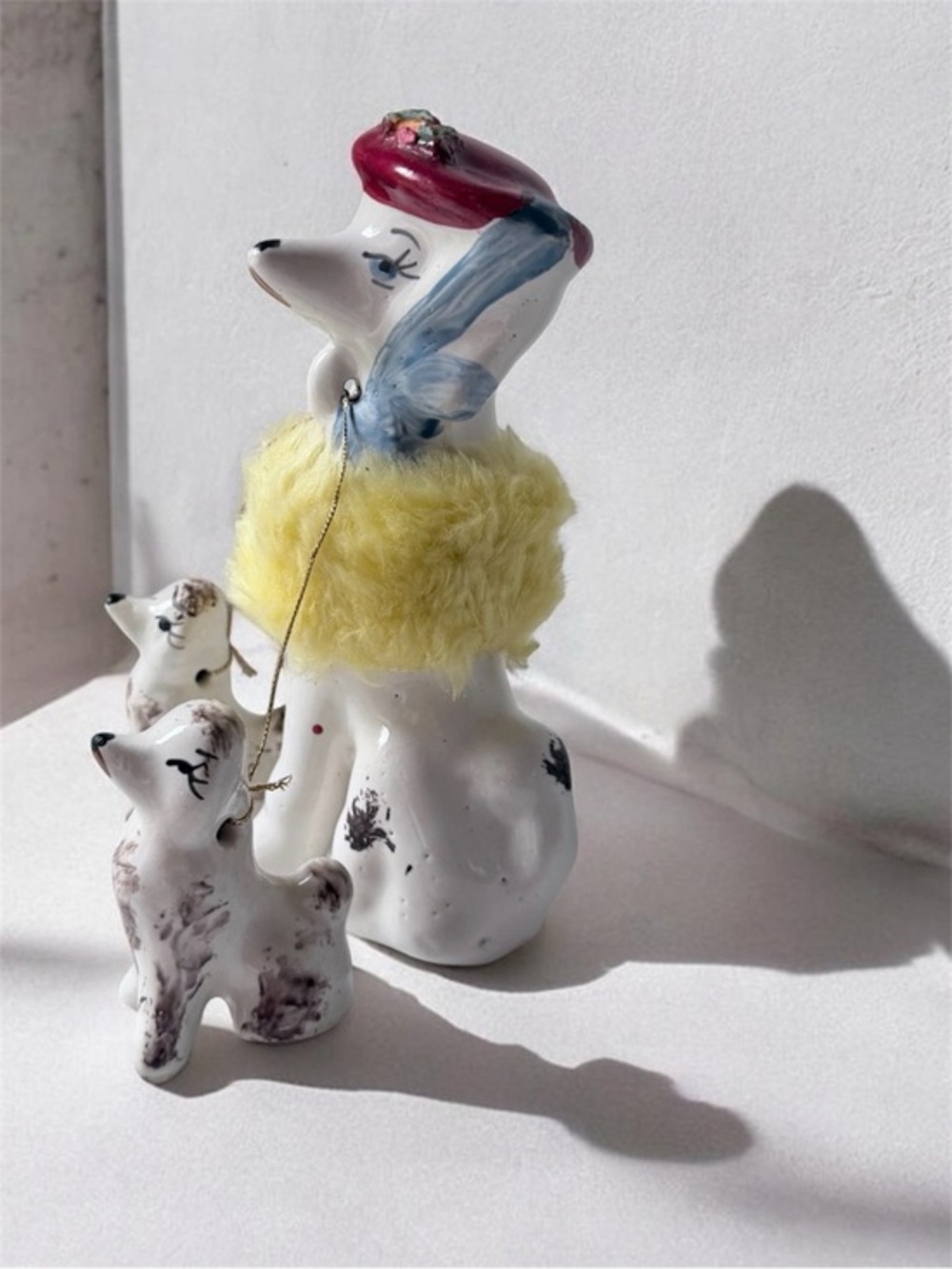 Vintage Ceramic Poodle Trio with Yellow Fur Collar